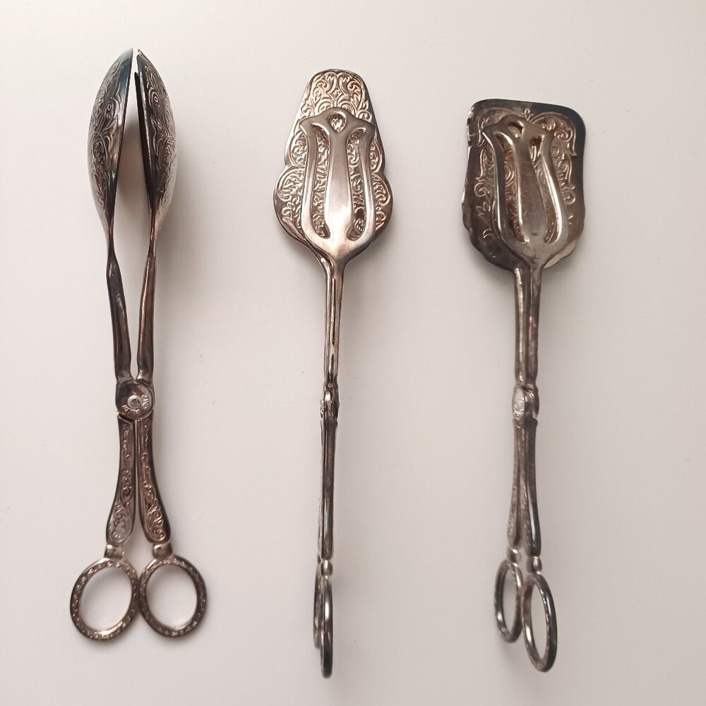 Three Vintage Silver Plated over Zinc Alloy Serving Tongs in Original Box